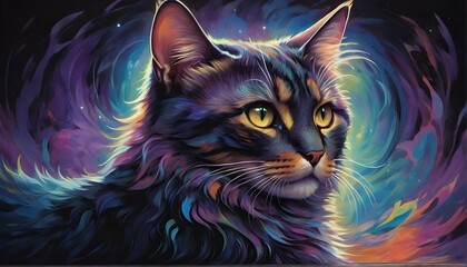 As if approaching perfection, a cat with abstract beauty strides confidently towards the camera, its fur a stunning display of psychedelic colors. The moonlight illuminates its sharp features.