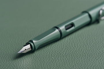 Green fountain pen lies green leather tabletop desk.