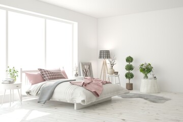 Fototapeta na wymiar White bedroom concept. Scandinavian interior design. 3D illustration