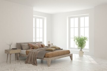 White bedroom concept. Scandinavian interior design. 3D illustration