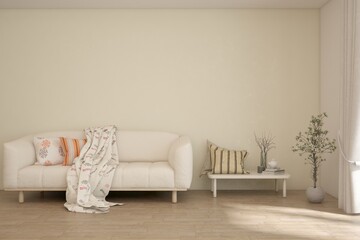 White living room with sofa. Scandinavian interior design. 3D illustration