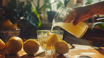 bowl of freshly squeezed lemon juice and ripe lemons on wooden cutting board,Citrus lemonade in pitcher and glass of citrus around on natural wooden table, Citrus lemonade in pitcher,
 - Powered by Adobe