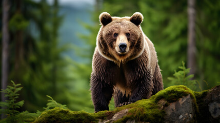 Majestic Brown Bear Standing Tall Amidst The Lush Green Wilderness- Capturing Nature's Raw Resilience.
