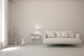 Grey living room concept with sofa. 3D illustration