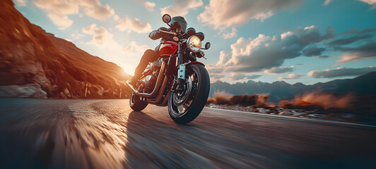 Motorbike riding on the road in the mountains. Motorcycle rider on the road in the forest at sunset time. Motorcyclist riding on the road. A motorcycle rider speeding on a road. 