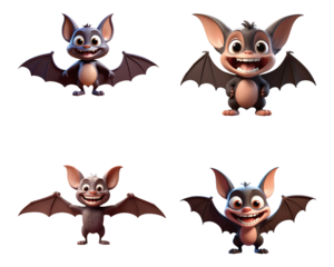 3D rendering of a cute cartoon bat with a big smile set. Generative AI