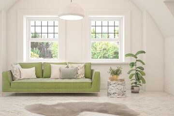 Modern interior concept with sofa and summer landscape in window. 3D illustration