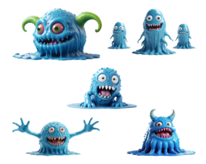 3d rendering of Funny cartoon blue monster set. Generative AI