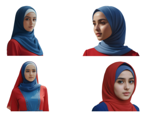 Beautiful young muslim woman in red dress and blue hijab set. Generative AI