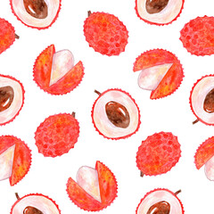 Watercolor cut lychee fruit seamless pattern on white background