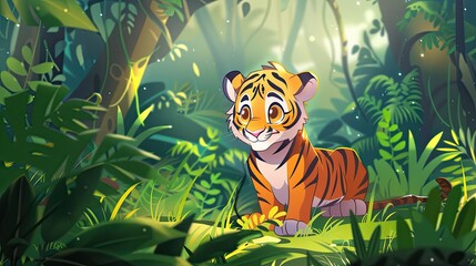 Obraz premium cartoon tiger cub in the forest. cute animal