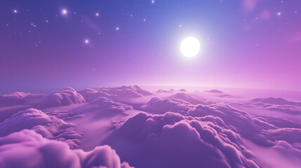 Surreal pink night sky with moon and twinkling stars above a sea of clouds