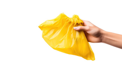 Hand holding a black garbage bag, hand throwing away garbage isolated on transparent and white background.PNG image.