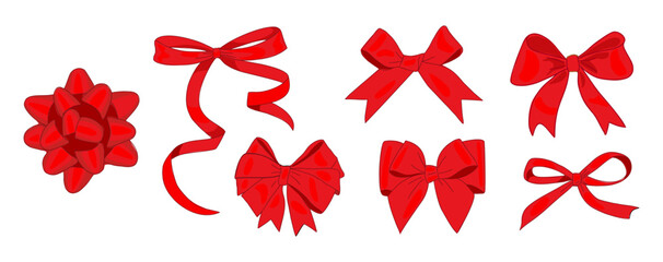 Set of red gift ribbon bows different shapes. Collection of gorgeous decorative wrapping tapes for Christmas, Birthday, Wedding, Anniversary presents. Vector illustration on transparent background.