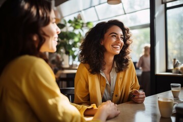 Two women laughing in café, friendship, conversation, bright interior, enjoyment, coffee time, positive emotions, connection