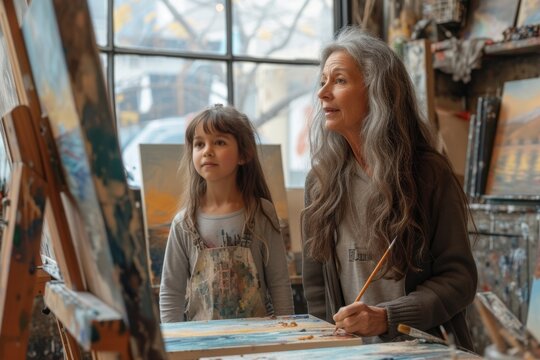 A woman and her daughter are painting on an easel in their art studio