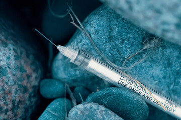 Amidst the rocks on a city street in a park, you can find a used syringe.