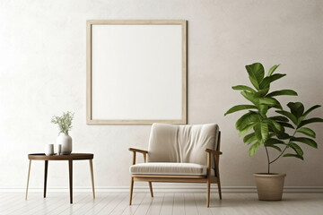 Neutral-toned living space featuring a single chair, greenery, and a blank frame for personal...