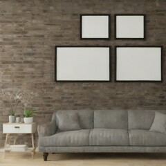 Mock up blank poster frame. Rustic home interior design of modern living room with copy space