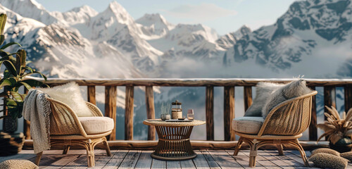 Wooden balcony, snowy peaks backdrop, vintage rattan furniture, warm fabric accents. - obrazy, fototapety, plakaty