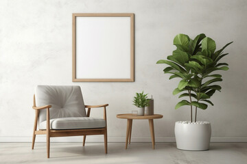 Reflect in a Scandinavian-themed living space adorned with a wooden chair, a flourishing plant, and an empty frame awaiting your inspiration.