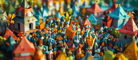 Portrait of a diverse crowd of people in the form of origami inside the city. generative AI image