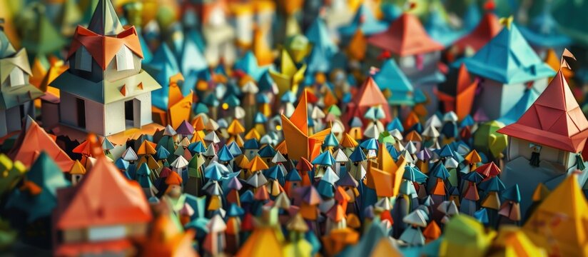 Portrait of a diverse crowd of people in the form of origami inside the city. generative AI image