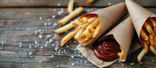 Salted french fries in paper cone with sauce on wooden table. copy space. generative AI image - obrazy, fototapety, plakaty