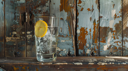 The lemons and mint branches with fresh leaves in the glass with straw and sun shining on the wooden background,Transparent glass of lemonade on the old wooden table,
