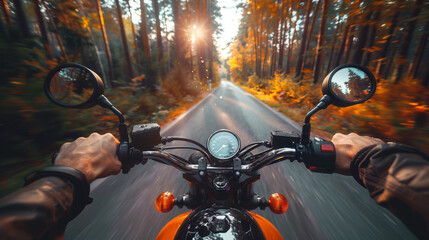 motorcyclist riding a motorcycle on a road surrounded by trees, perspective from his point of view. - obrazy, fototapety, plakaty
