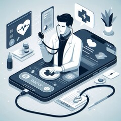 Concept of online medical consultation. An icon of a doctor appears on the phone screen, using a stethoscope to check health. Depicting communication between an online medical clinic and a patient. - obrazy, fototapety, plakaty