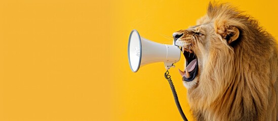 Lion roaring on a white megaphone on yellow background. copy space. generative AI image - obrazy, fototapety, plakaty