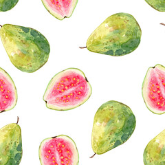 Watercolor cut guava fruit seamless pattern on white background