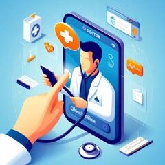 Concept of online medical consultation. An icon of a doctor appears on the phone screen, using a stethoscope to check health. Depicting communication between an online medical clinic and a patient. - obrazy, fototapety, plakaty
