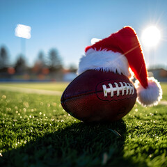 A Football with a Christmas Santa Hat on it