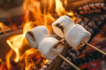 National Marshmallow Toasting Day Celebration: Close-Up of Marshmallows on Sticks Over Campfire, Golden and Melting, Capturing the Essence of Toasted Sweetness