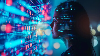 Female Silhouette with Digital Binary Code Overlay and Bokeh Lights