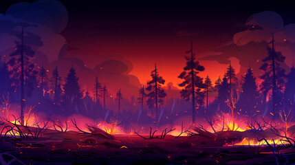Forest Fire. Wildfire burning tree in purple and orange color. Natural disaster and climate change concept.