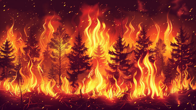 Forest fire, wildfire, trees in orange burning flame. Natural disaster and climate change concept.