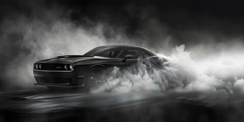 Monochrome photograph capturing dynamic black car surrounded by billowing smoke clouds. Concept Monochrome Photography, Dynamic Black Car, Billowing Smoke Clouds