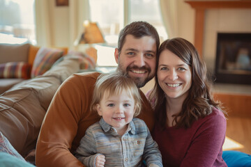 Obraz premium Happy Family Portrait Indoors, Smiling Parents with Toddler