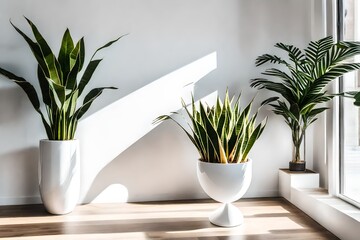 modern living room with plant, A sleek modern white ceramic pot cradles a vibrant snake plant, standing gracefully against a backdrop of a clean white wall bathed in natural sunlight