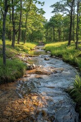 A tranquil morning scene in a sunny forest with a flowing stream, green foliage, and a peaceful atmosphere.