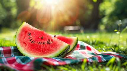 Slice of juicy watermelon, vibrant summer picnic scene, National Watermelon Day celebration, bright sunlight