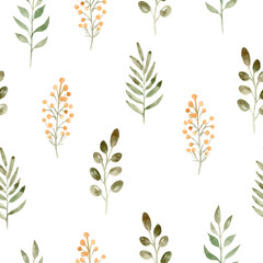 Watercolor green branch seamless pattern on white background