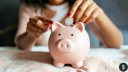 woman's hands with pink polished nails depositing a silver coin into a pink piggy bank, representing savings and financial planning.