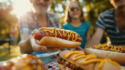 Family enjoying hot dogs in a sunny park, casual outdoor picnic, National Hot Dog Day banner in the background