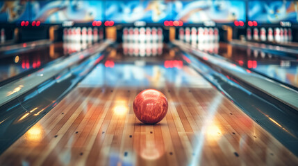 Bowling pins at the end of a lane, bright and sharp focus, with a ball striking, dynamic action shot