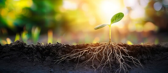 Growing Green seedling with roots in the soil underground. Concept of environment life earth day