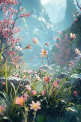 This image depicts a stunning scene of vibrant flowers blooming amidst a serene, sunlit forest, creating a magical and peaceful atmosphere
